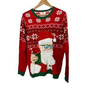 Ugly Christmas Sweater Red & White Santa Claus Snowflakes Solo Cup Can Holder M